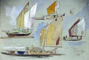 Studies van Venetiaanse boten, met volle zeilen. Gekleurde aquareltekening, door Edward Lear (1812-1888).