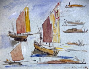 Studies van Venetiaanse boten, met volle zeil en aanlegplaats. Gekleurde aquareltekening, door Edward Lear (1812-1888)