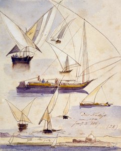 Studies van verschillende Egyptische boten (inclusief dahabeeyahs en gyassis) nabij Deir Kadige (Egypte) weergegeven op een rustige strook en, onderaan de pagina, een uitzicht op de oevers van de Nijl met een moskee