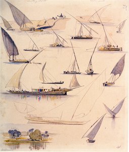 Studies van verschillende Egyptische boten. Gekleurde aquareltekening