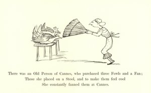 Er was een oude persoon van Cannes, die drie kippen en een waaier kocht door Edward Lear