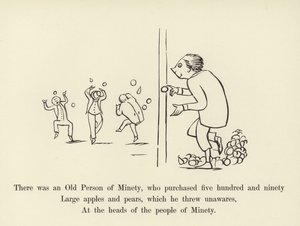 Er was een oude persoon van Minety, die vijfhonderdnegentig grote appels en peren kocht door Edward Lear