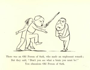 Er was een oude persoon uit Sark, die een onaangename opmerking maakte door Edward Lear