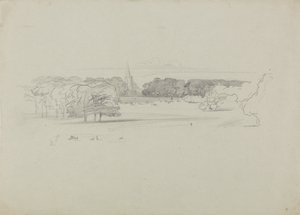 Uitzicht over een weiland naar een kerk door Edward Lear