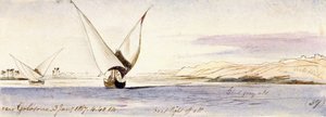 Uitzicht op de Nijl bij Golosona (Egypte), met een traditionele Egyptische boot die vaart door Edward Lear