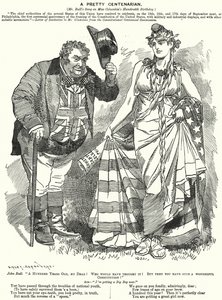 Punch cartoon: Een Mooie Eeuweling - de honderdste verjaardag van het opstellen van de Amerikaanse Grondwet (gravure) door Edward Linley (after) Sambourne