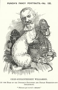 Punch cartoon: Adolphus Williamson, Britse politieagent en eerste hoofd van de Detective Branch van de Metropolitan Police door Edward Linley (after) Sambourne