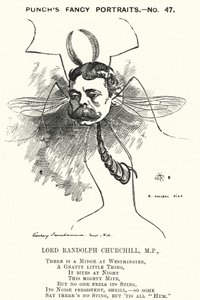 Punch cartoon: Lord Randolph Churchill, Engelse conservatieve politicus (gravure) door Edward Linley (after) Sambourne