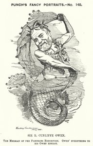 Punch cartoon: Philip Cunliffe-Owen, Britse tentoonstellingsorganisator en directeur van het South Kensington Museum, Londen door Edward Linley (after) Sambourne