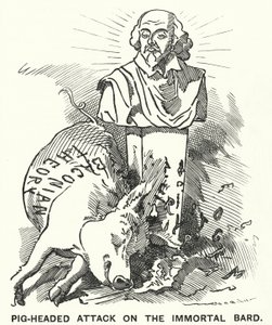 Punch cartoon: Koppige aanval op de onsterfelijke bard - de theorie dat de toneelstukken van William Shakespeare eigenlijk geschreven zijn door Sir Francis Bacon (gravure)