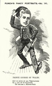 Punch cartoon: Prins George van Wales, de toekomstige koning George V, als adelborst in de Koninklijke Marine (gravure) door Edward Linley (after) Sambourne