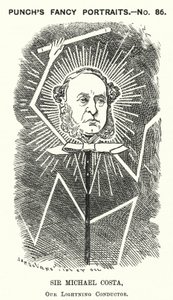 Punch cartoon: Sir Michael Costa, in Italië geboren Engelse dirigent (gravure) door Edward Linley (after) Sambourne