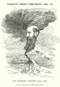 Punch cartoon: Sir Wilfrid Lawson, Engelse radicale liberale politicus en geheelonthouder (gravure) door Edward Linley (after) Sambourne