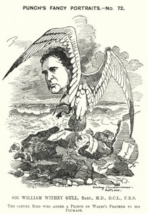 Punch cartoon: Sir William Withey Gull, Engelse arts die de Prins van Wales behandelde voor tyfus en werd arts in gewone dienst van koningin Victoria door Edward Linley (after) Sambourne
