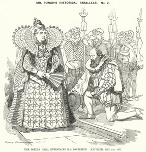 Punch cartoon: De Vorstelijke Cecil Vermaakt Zijn Soeverein, Hatfield door Edward Linley (after) Sambourne