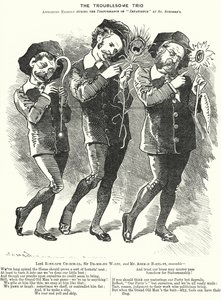 Punch cartoon: Het lastige trio: Lord Randolph Churchill, Henry Drummond Wolff en Ellis Ashmead-Bartlett, Britse conservatieve politici door Edward Linley (after) Sambourne