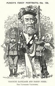 Punch cartoon: Thomas Heron Jones, 7e Burggraaf Ranelagh en Baron Jones van Navan, promotor van de vrijwilligersbeweging voor het Britse leger