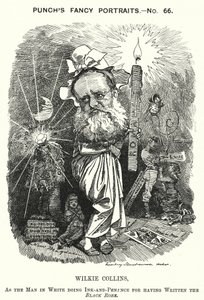 Punch cartoon: Wilkie Collins, Engelse romanschrijver, toneelschrijver en verhalenverteller (gravure) door Edward Linley (after) Sambourne