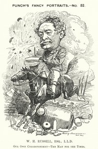 Punch cartoon: William Howard Russell, Ierse journalist en oorlogscorrespondent (gravure)