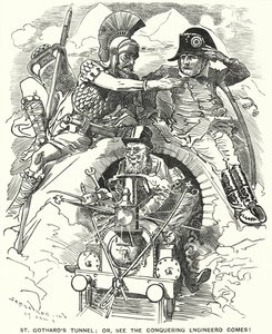 Punch cartoon: voltooiing van de St Gotthard-spoortunnel onder de Alpen