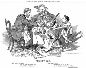 Coalitieregering. Hertog van Devonshire en Arthur Balfour (midden) proberen Joseph Chamberlain, leider van de junior partij in de coalitie, onder controle te houden. In september 1903 nam hij ontslag om vrij te zijn om zijn Tariefhervormingen te bepleiten.