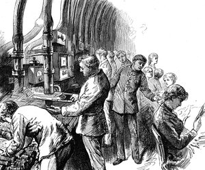 Gravure die de pneumatische verzending toont die het General Post Office gebruikte om pakketten onder Londen te vervoeren