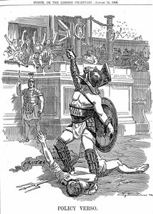 Met de terugkeer van de liberale regering in Groot-Brittannië, december 1905, was vrijhandel het beleid, in plaats van het conservatieve beleid van bescherming door tarief. Cartoon door Edward Linley Sambourne uit Punch Londen 24 januari 1906 door Edward Linley Sambourne