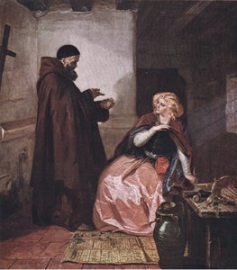 Julia en broeder Laurence (Romeo en Julia) Neem de fles, liggend in bed, en drink deze gedistilleerde drank op, uit De Complete Werken van William Shakespeare gepubliceerd door J Coker & Co Ltd