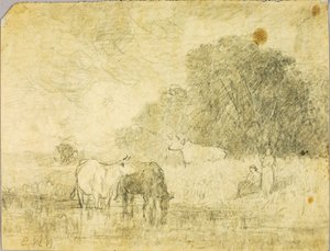 Landschap met koeien bij vijver, twee figuren