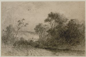 Landschap met daken achter bomen door Edward Mitchell Bannister