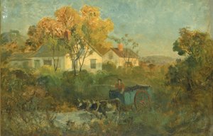De drinkplaats man in kar met ossen bij poel, 1895