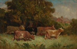 Zonder titel (vijf koeien in de wei, dak op achtergrond)