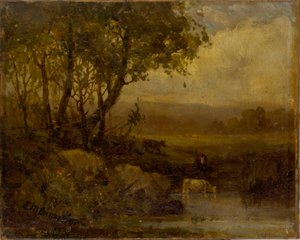 Zonder titel (landschap, rivieroever, drie koeien)
