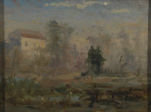 Zonder titel (landschap met huis op achtergrond) door Edward Mitchell Bannister