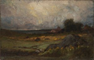 Zonder titel (landschap met rots op voorgrond en dak met torenspits, meer op achtergrond)