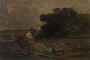 Zonder titel (landschap met rotsen, man en zeilboten)