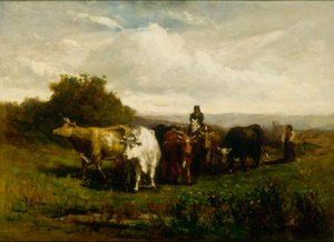 Zonder titel (man te paard, vrouw te voet die vee drijft) door Edward Mitchell Bannister