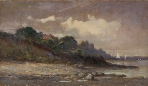 Zonder titel (kustlijn met zeilboten en dak) door Edward Mitchell Bannister