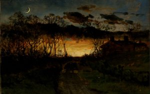 Zonder titel (zonsondergang met kwart maan en boerderij)