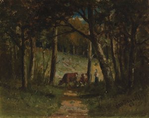 Ongetiteld koeien op pad in bos door Edward Mitchell Bannister