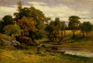 Naamloos landschap, boot aangemeerd bij stroom, man wandelend op de voorgrond, 1879