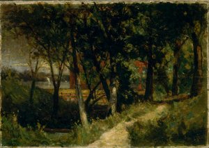 Naamloos landschap, bosscène met rode hek en gebouw door Edward Mitchell Bannister