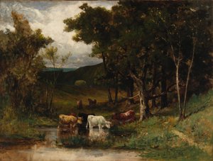 Naamloos Landschap met Koeien in een Stroom nabij Bomen, 1882