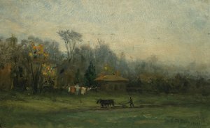 Naamloos landschap met man die velden ploegt, n.d. door Edward Mitchell Bannister