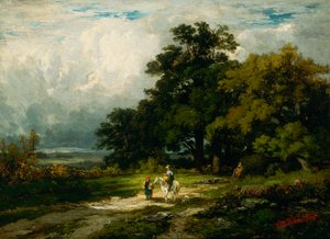 Naamloze man te paard met vrouw en hond door Edward Mitchell Bannister
