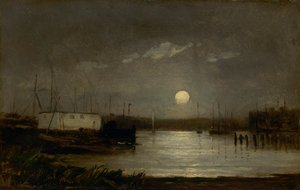 Ongetiteld maan boven een haven, kadescène met volle maan en masten van boten