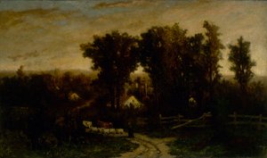 Ongetitelde vrouw met vee en schapen in de schemering, n.d. door Edward Mitchell Bannister