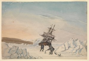 Een schip vast in het ijs met twee bemanningsleden die het schip in het ijs vastzetten met vier bevestigingen door Edward Newell Harrison