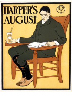 Zittende man op oranje stoel, bij August Harper door Edward Penfield