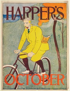 Man in geel pak op een fiets, Harper